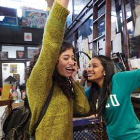 female students at a record store